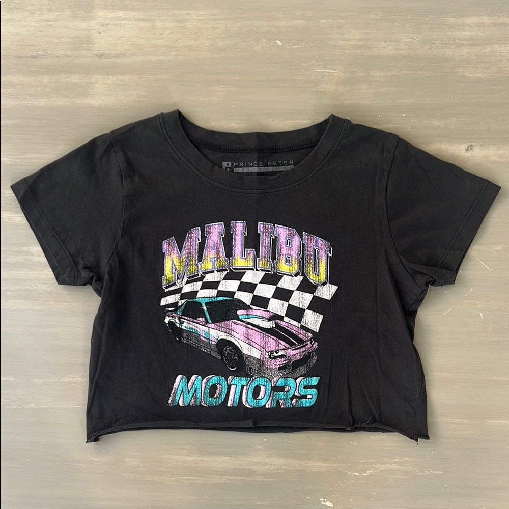 Girl’s Prince Peter Collection Black Malibu Motors Cropped Graphic Tee XL 12 14